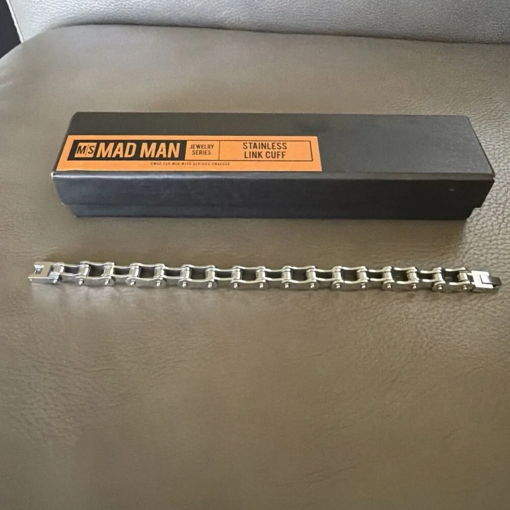 Mad Man Men’s Stainless Steel Link Cuff Bracelet Industrial Chain NIB 8.75”
